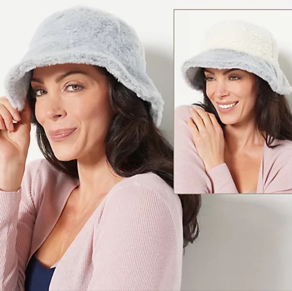 Sprigs Reversible Faux Fur and Sherpa Bucket Hat Grey/Cream